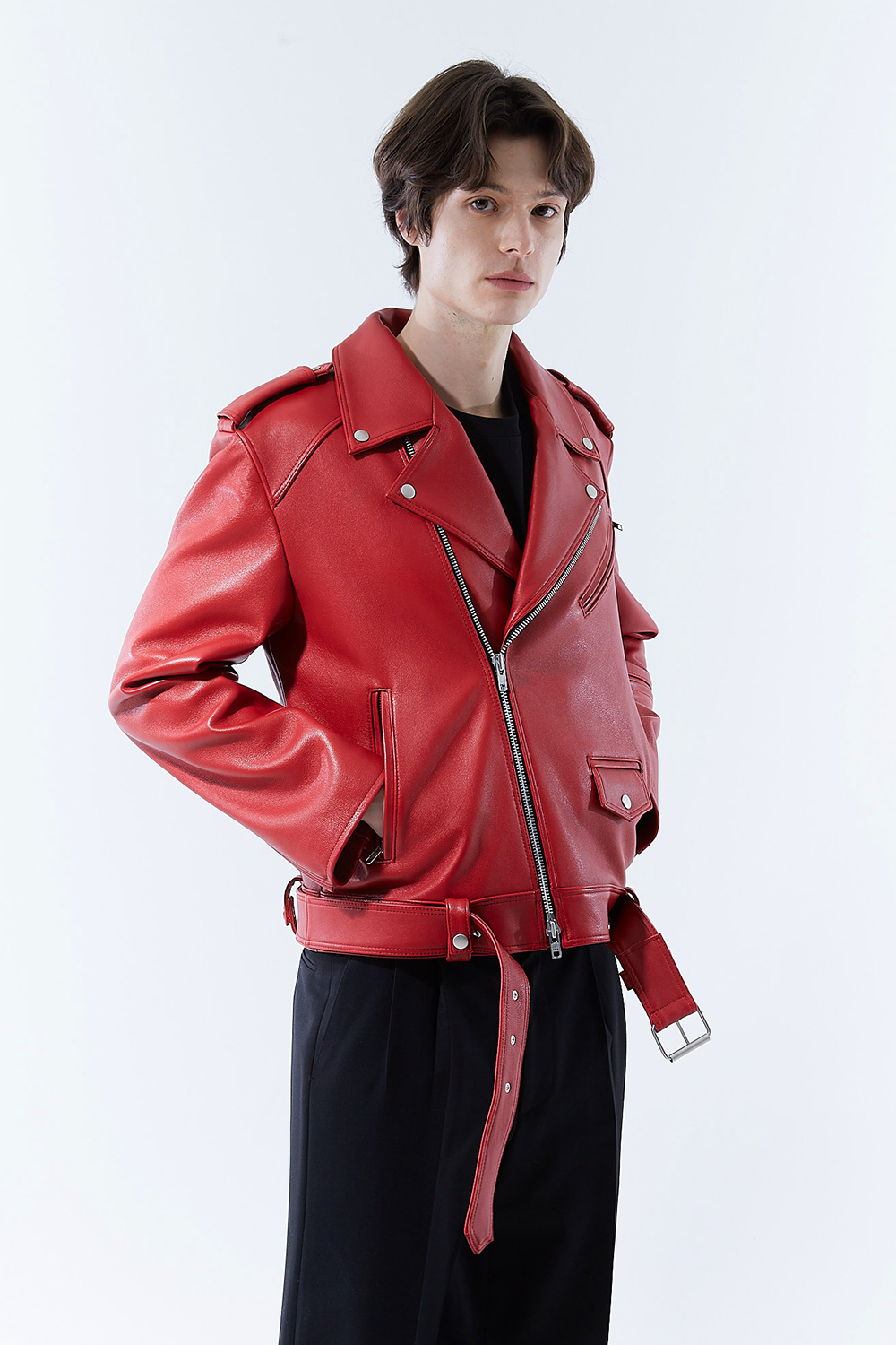 HIGH-END 스페셜 에디션 이중 여유분 벨트 딥-레드 가죽자켓 라이더자켓