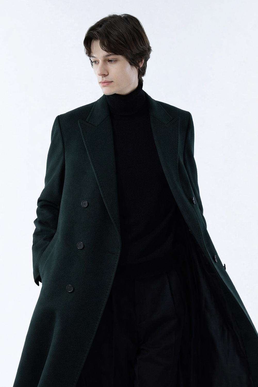 LUXURY 캐시미어 50% 호시스티치 더블 옆포켓 딥-그린 슈퍼 롱코트
