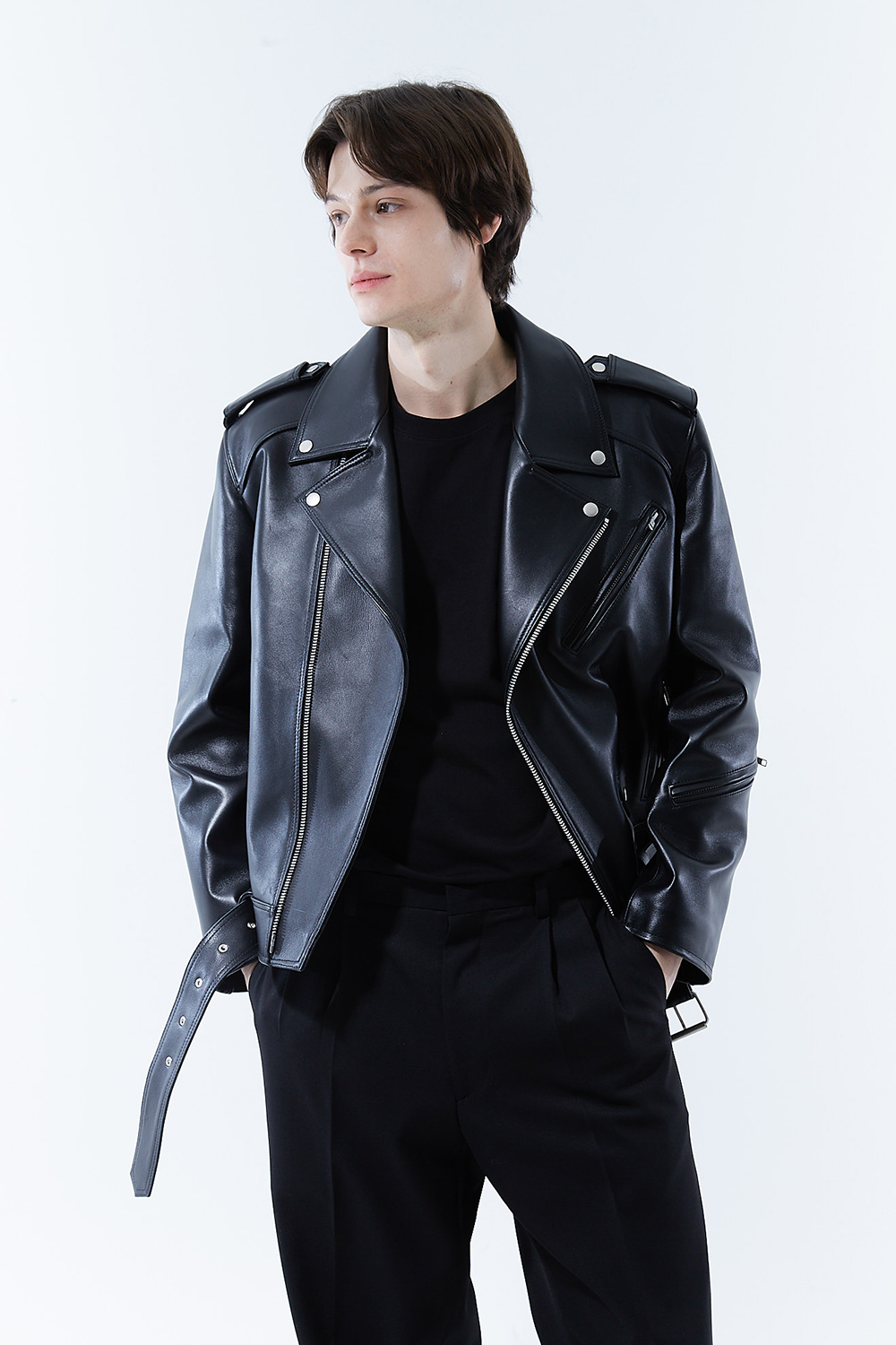HIGH-END 스페셜 에디션 이중 여유분 벨트 딥-블랙 가죽자켓 라이더자켓