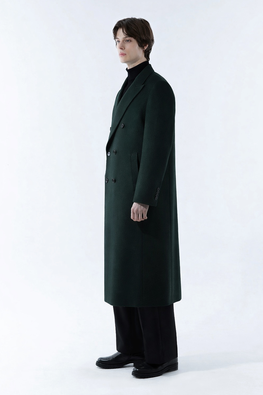 LUXURY 캐시미어 50% 호시스티치 더블 옆포켓 딥-그린 슈퍼 롱코트