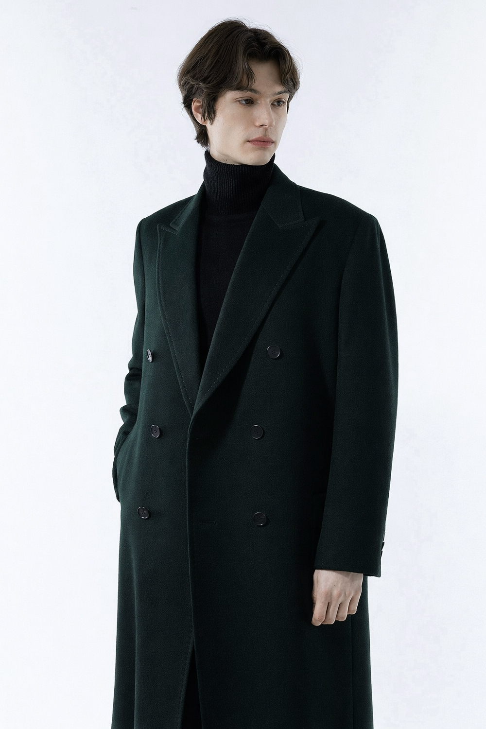 LUXURY 캐시미어 50% 호시스티치 더블 옆포켓 딥-그린 슈퍼 롱코트