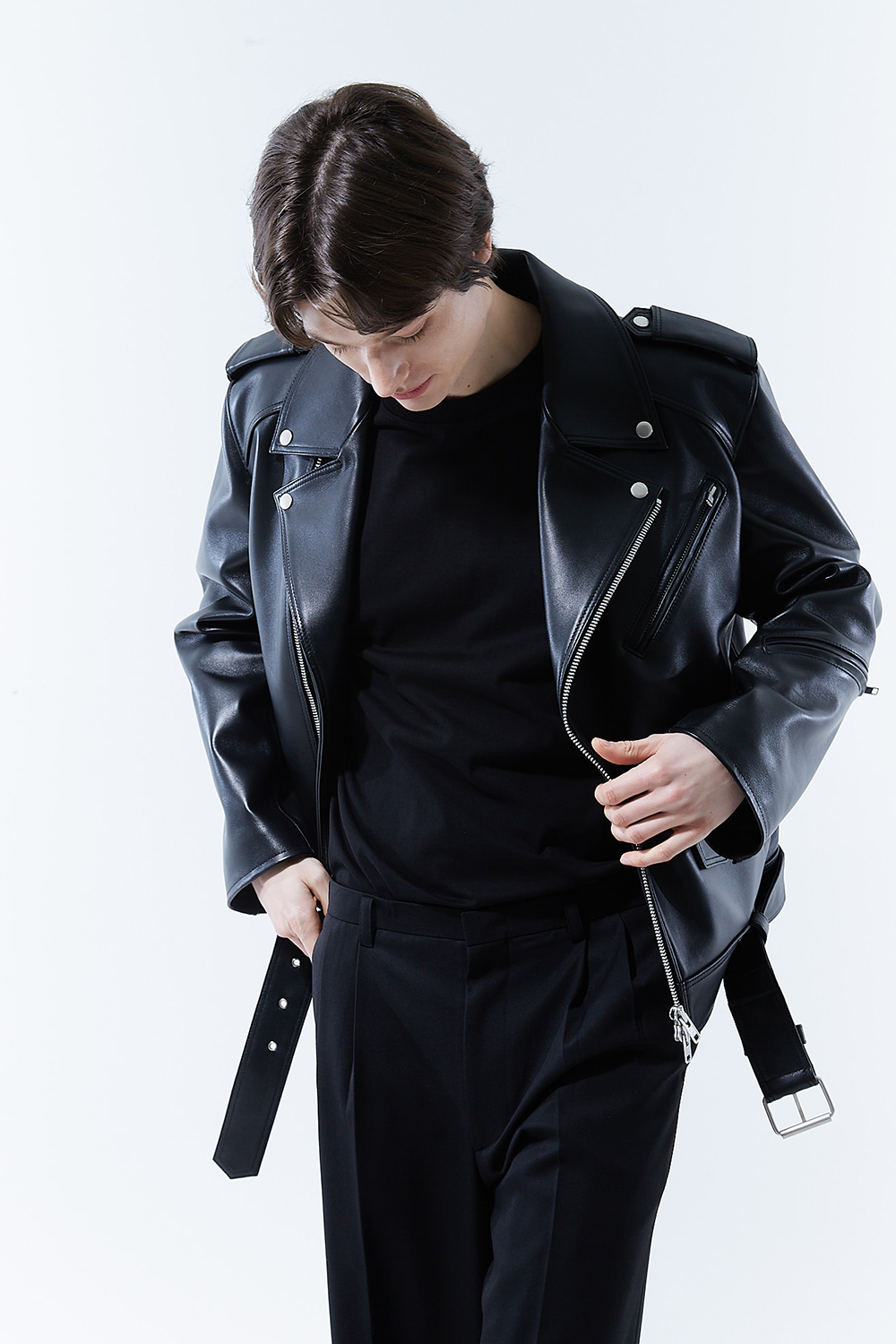 HIGH-END 스페셜 에디션 이중 여유분 벨트 딥-블랙 가죽자켓 라이더자켓