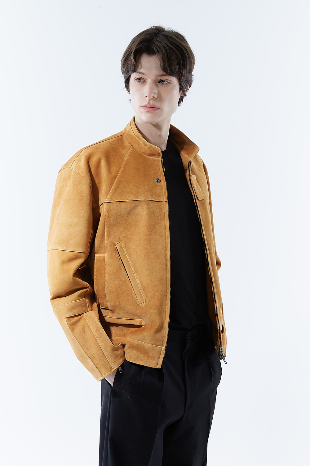 HIGH-END 리미티드-에디션 하이브리드 바이커 골드-카멜 스웨이드자켓