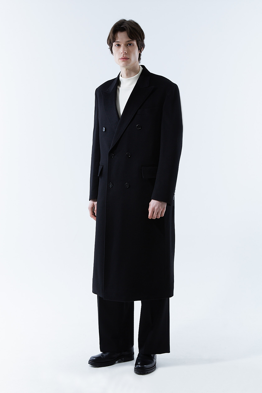 LUXURY 캐시미어 50% 테일러드 호시스티치 더블 딥-블랙 슈퍼 롱코트