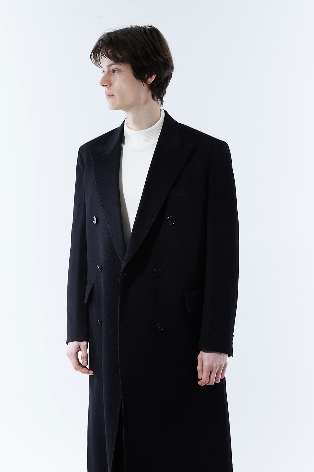LUXURY 캐시미어 50% 테일러드 호시스티치 더블 딥-블랙 슈퍼 롱코트