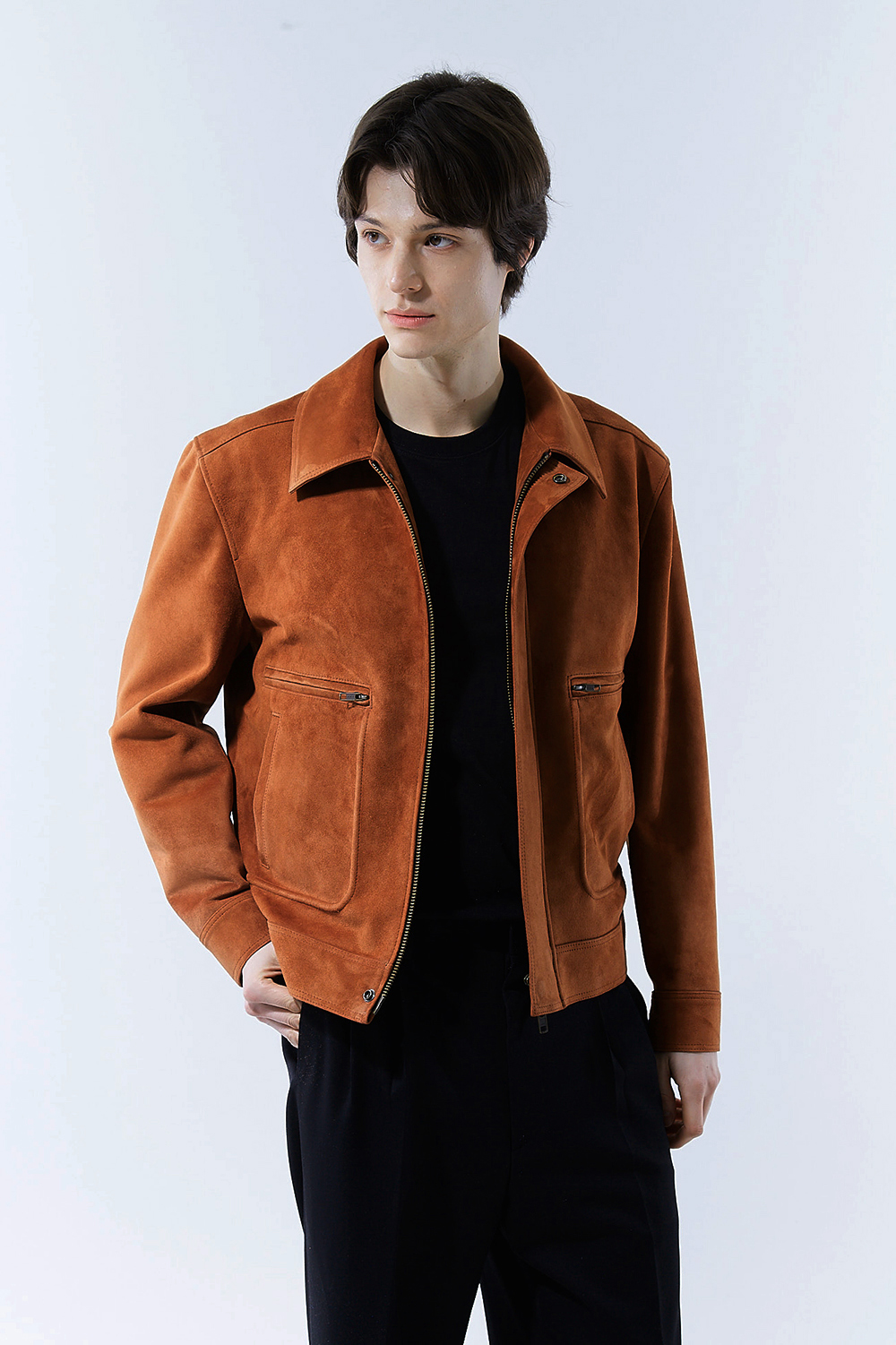 LUXURY 클래식 이중포켓 파이핑 꼬냑-브라운 스웨이드자켓