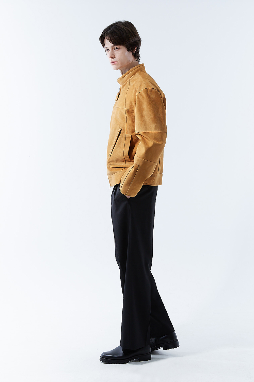 HIGH-END 리미티드-에디션 하이브리드 바이커 골드-카멜 스웨이드자켓
