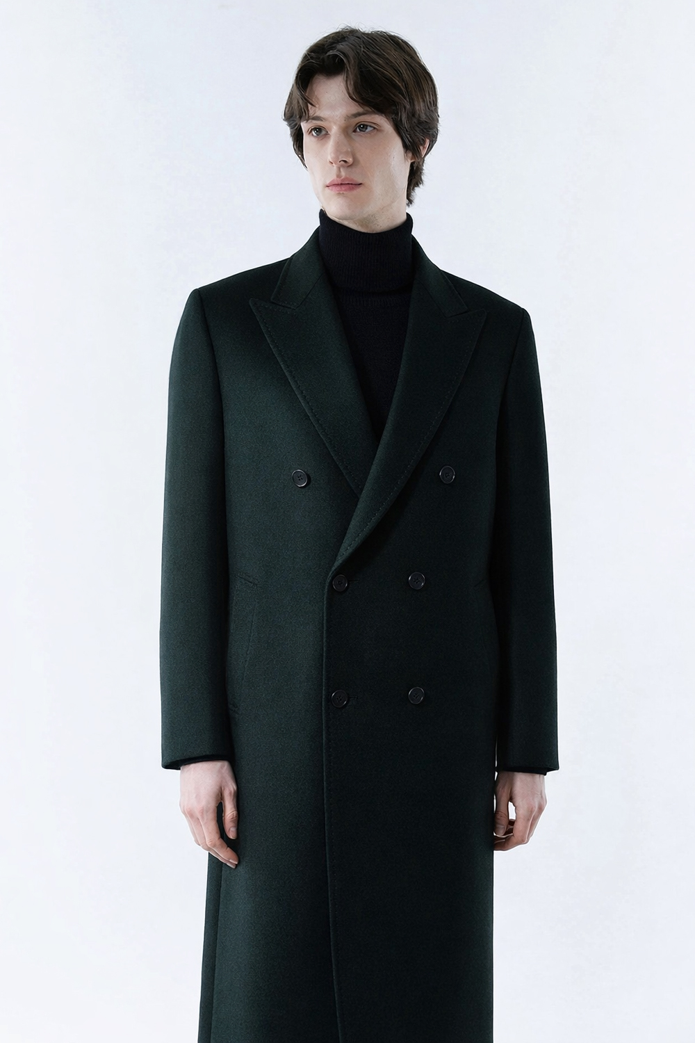 LUXURY 캐시미어 50% 호시스티치 더블 옆포켓 딥-그린 슈퍼 롱코트