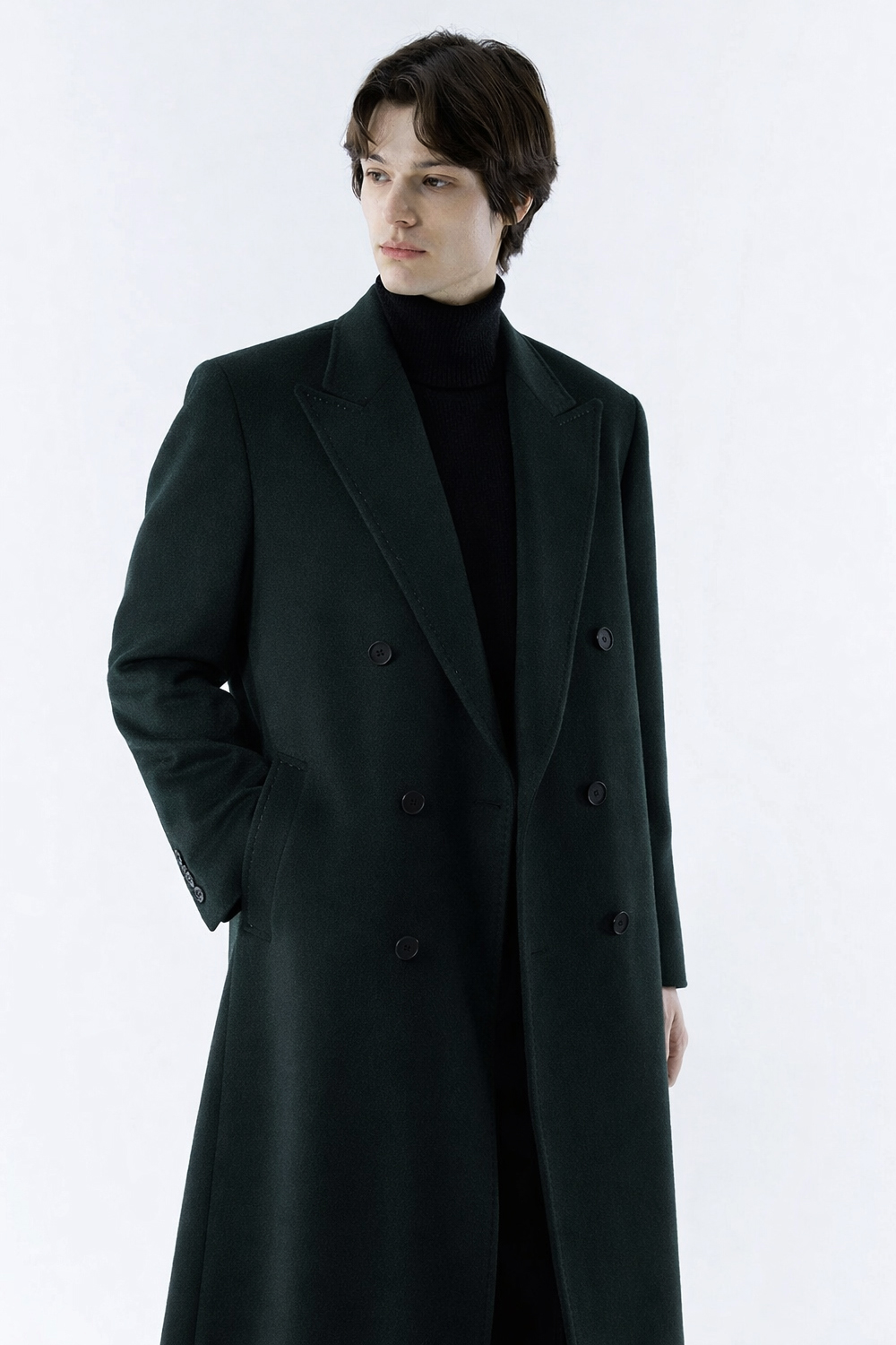 LUXURY 캐시미어 50% 호시스티치 더블 옆포켓 딥-그린 슈퍼 롱코트