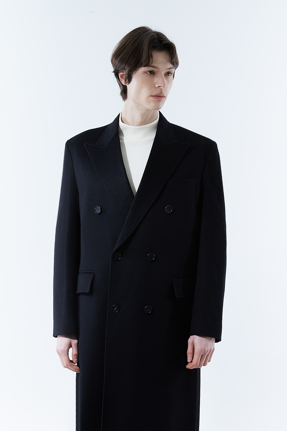 LUXURY 캐시미어 50% 테일러드 호시스티치 더블 딥-블랙 슈퍼 롱코트