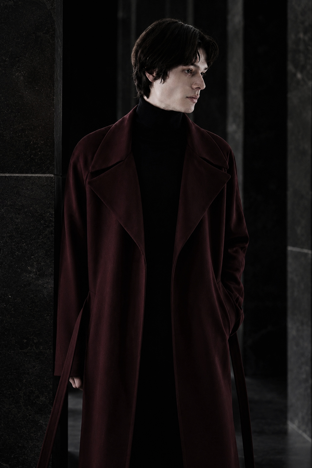 LUXURY 캐시미어 50% 로브코트 이중어깨선 버건디-와인 벨트 슈퍼 롱코트
