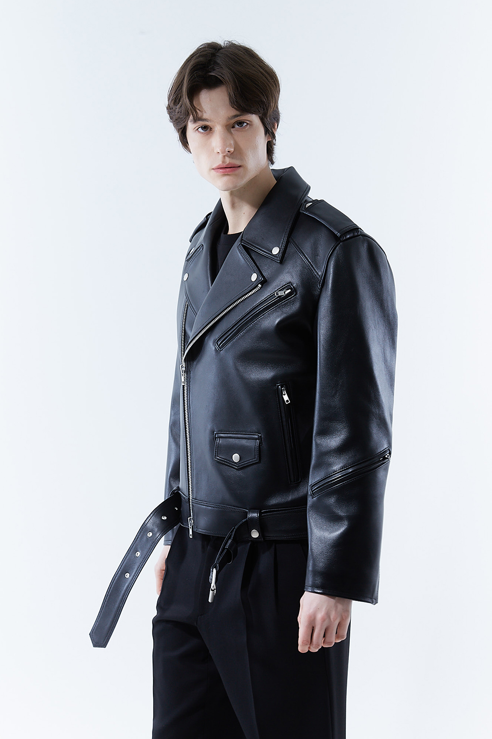 HIGH-END 스페셜 에디션 이중 여유분 벨트 딥-블랙 가죽자켓 라이더자켓