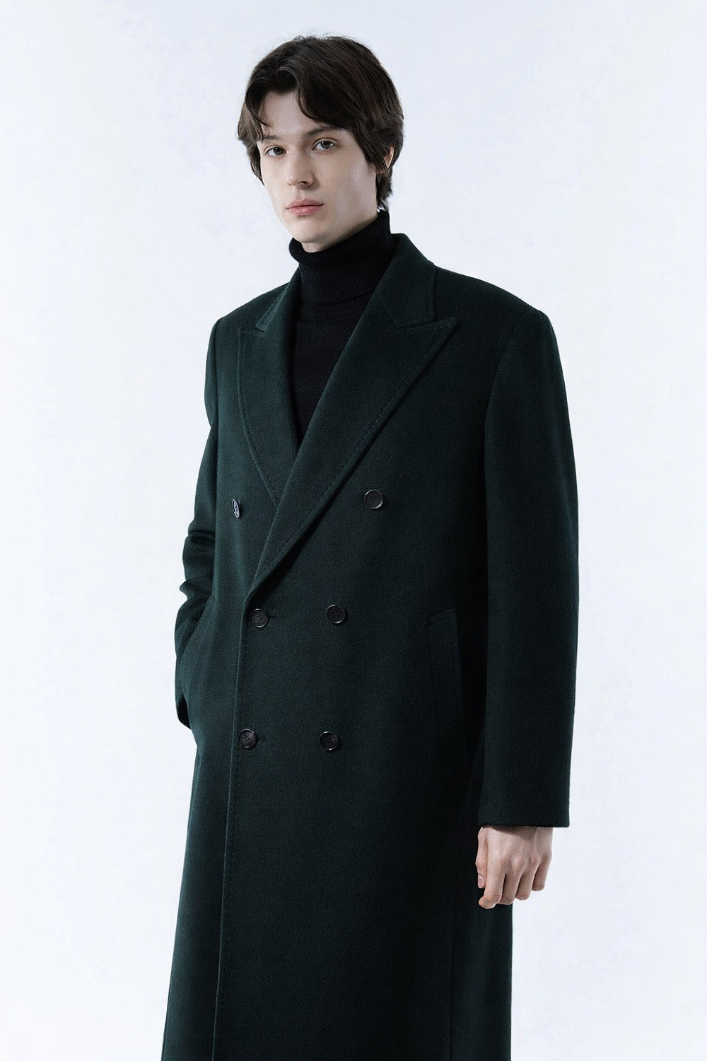 LUXURY 캐시미어 50% 호시스티치 더블 옆포켓 딥-그린 슈퍼 롱코트
