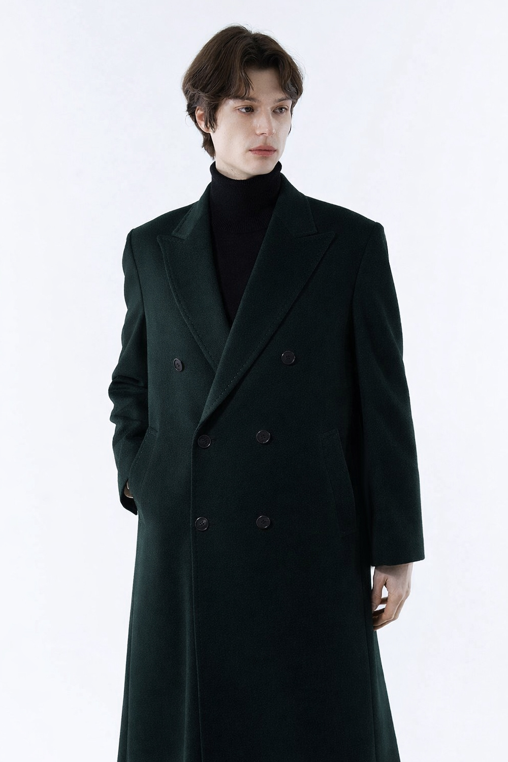 LUXURY 캐시미어 50% 호시스티치 더블 옆포켓 딥-그린 슈퍼 롱코트