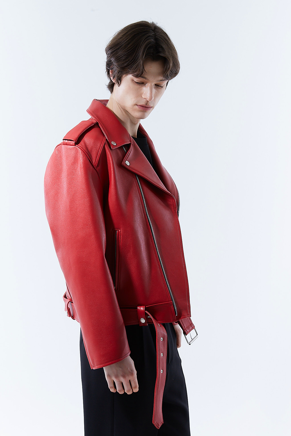 HIGH-END 스페셜 에디션 이중 여유분 벨트 딥-레드 가죽자켓 라이더자켓