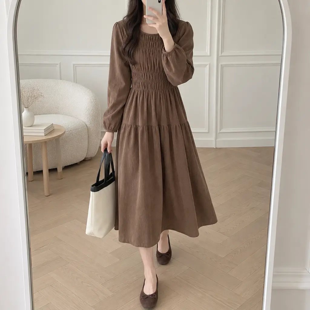 Mocha Shirring Corduroy Dress - 모카 셔링 코듀로이 원피스