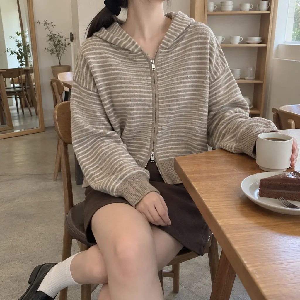 Daily Stripe Knit Hood Zip-up - 데일리 스트라이프 니트 후드집업