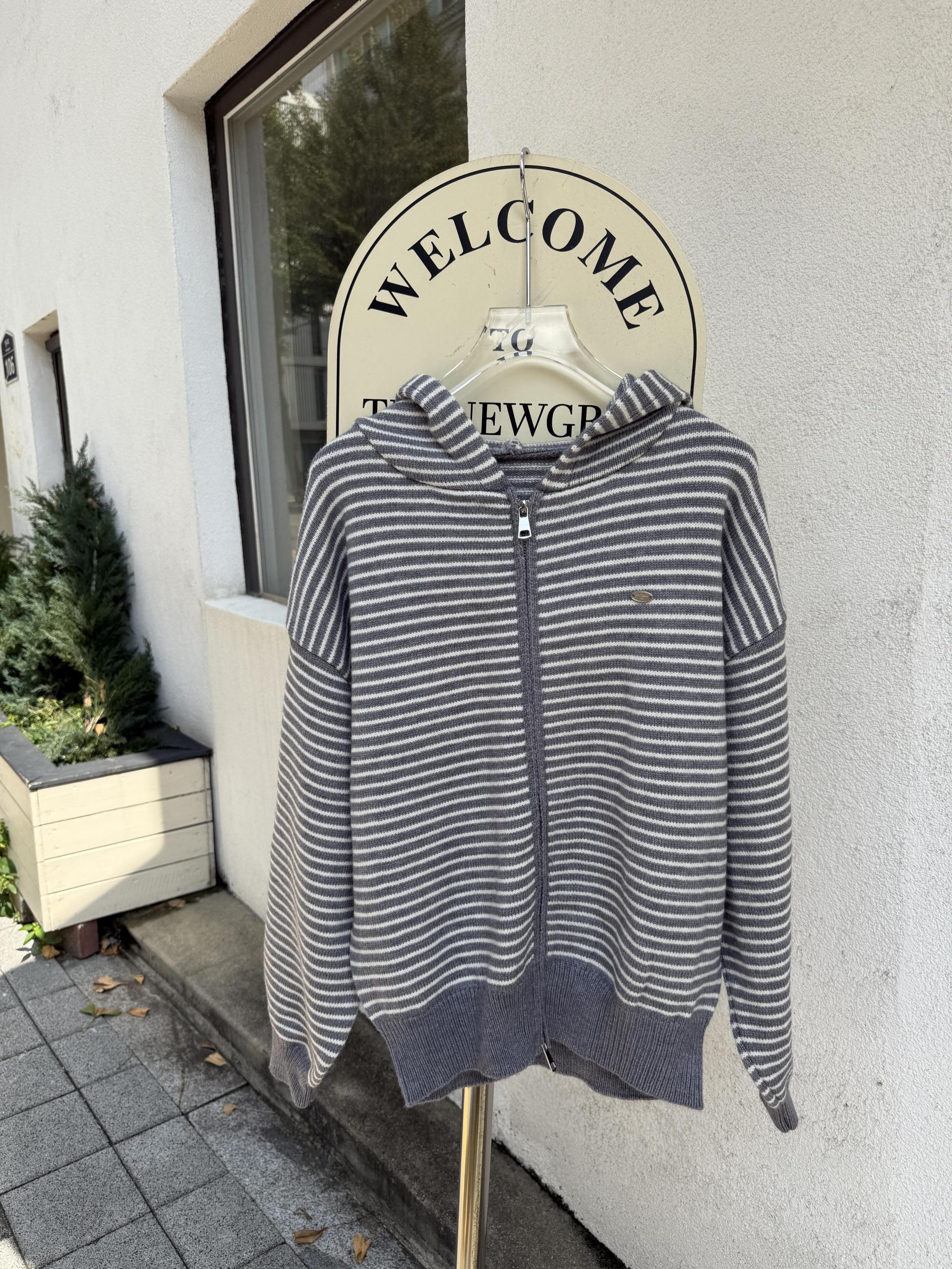 Daily Stripe Knit Hood Zip-up - 데일리 스트라이프 니트 후드집업