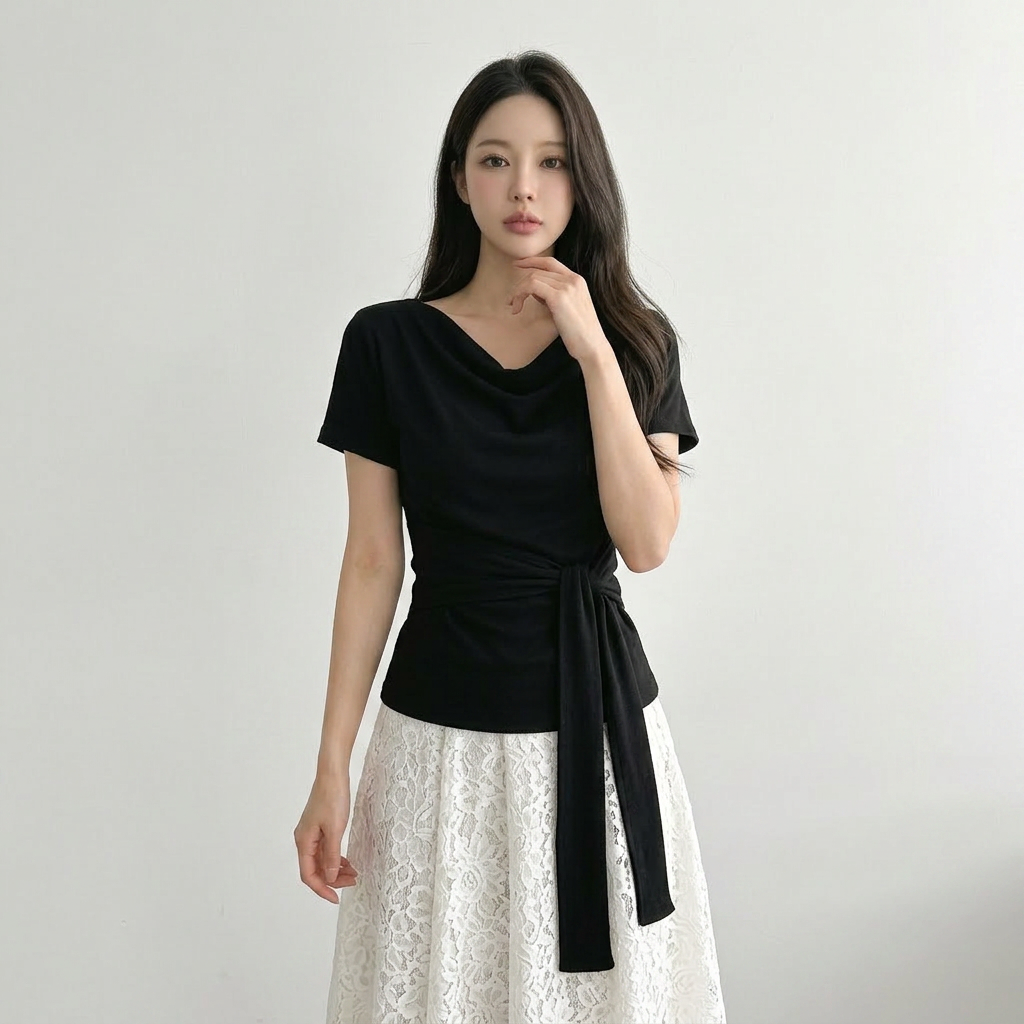 Daily Drape Side Ribbon Tee - 데일리 드레이프 사이드 리본 티