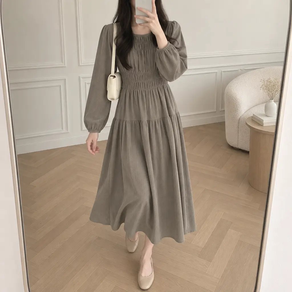 Mocha Shirring Corduroy Dress - 모카 셔링 코듀로이 원피스