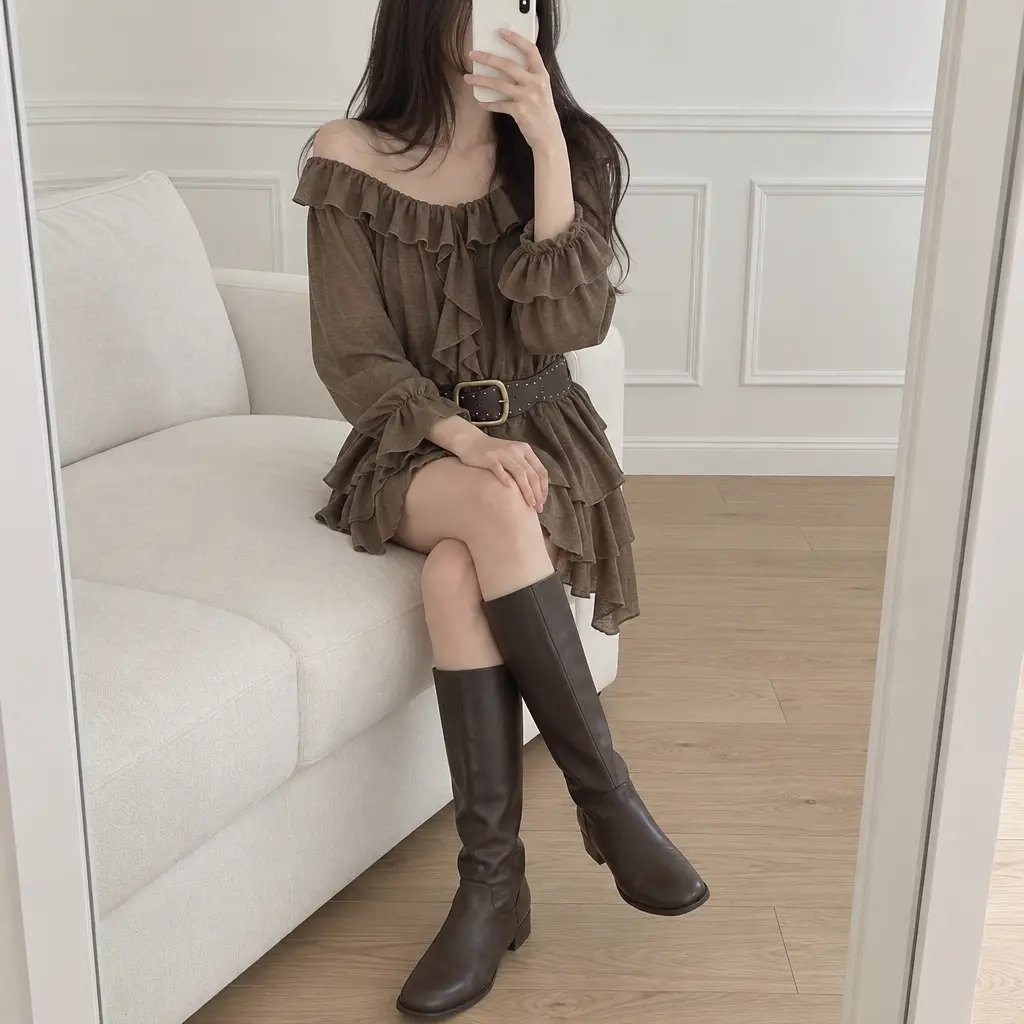 Boho Ruffle Belted Dress - 보헤미안 러플 벨티드 원피스