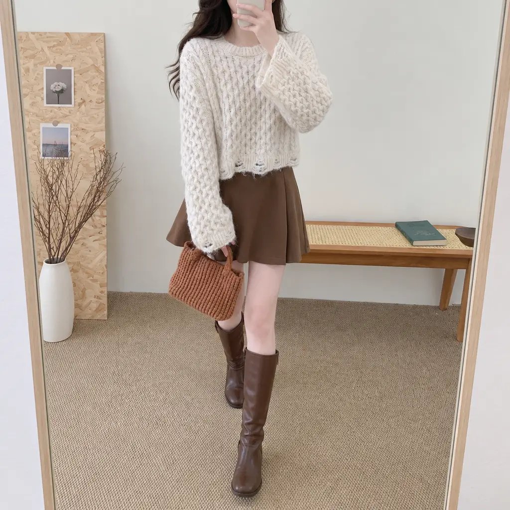 Vintage Cable Crop Knit - 빈티지 케이블 크롭 니트