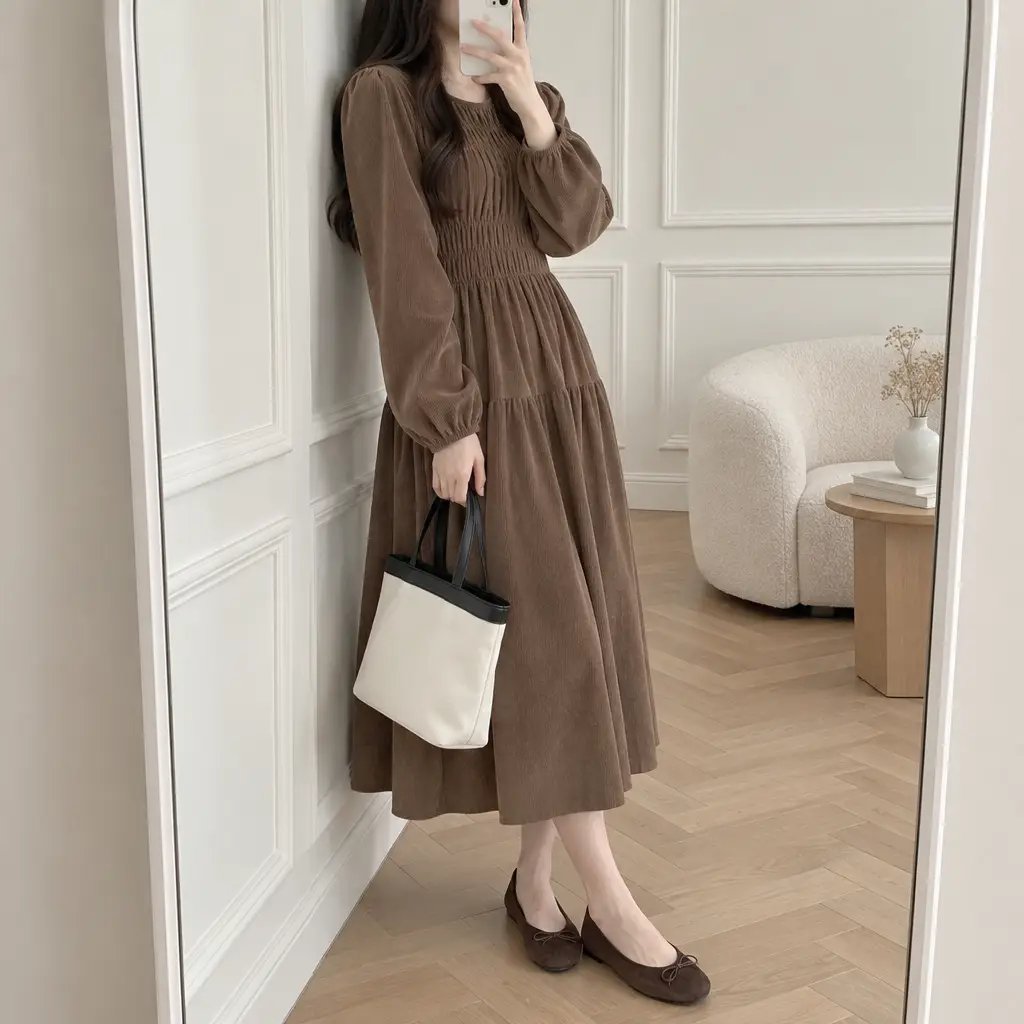 Mocha Shirring Corduroy Dress - 모카 셔링 코듀로이 원피스
