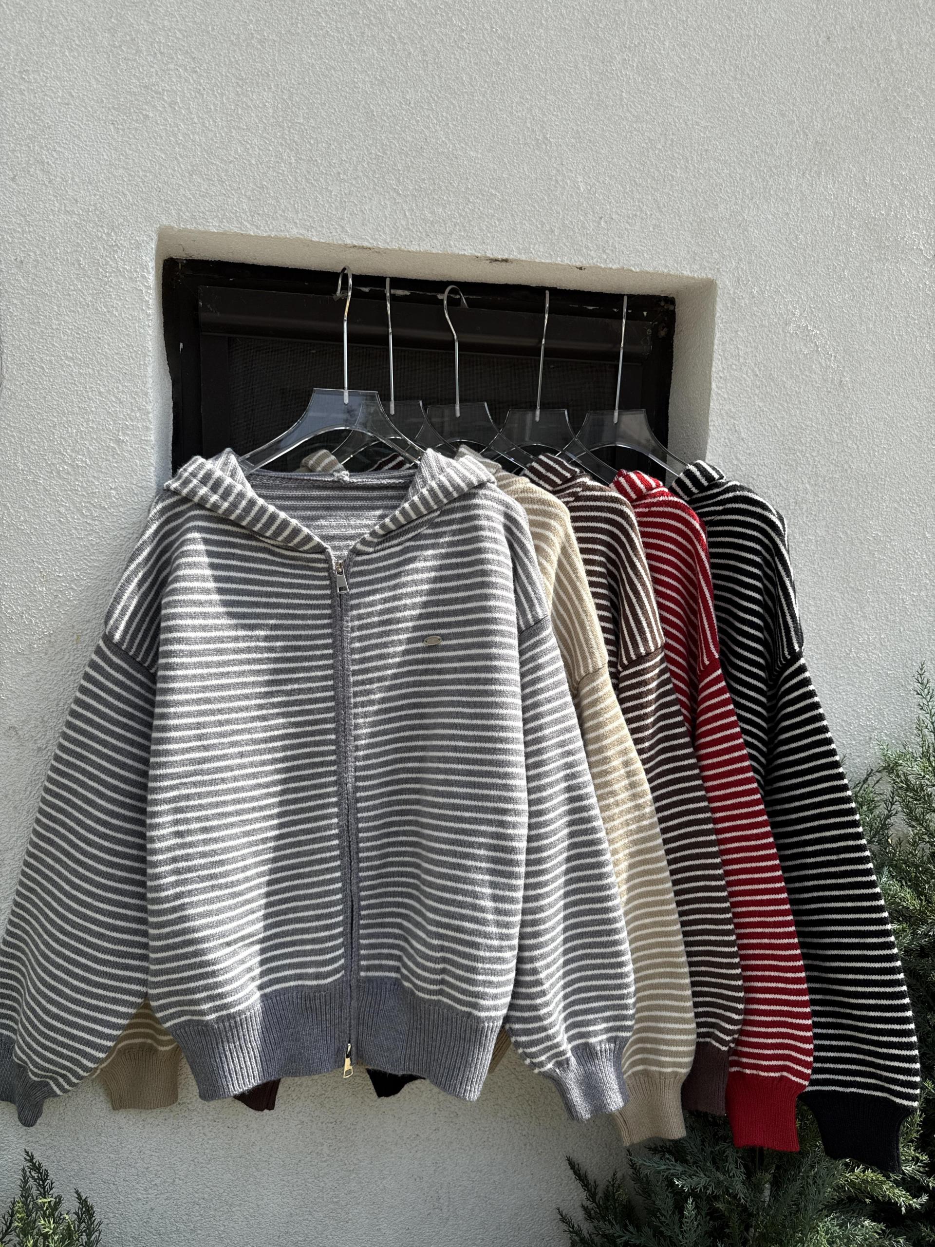 Daily Stripe Knit Hood Zip-up - 데일리 스트라이프 니트 후드집업