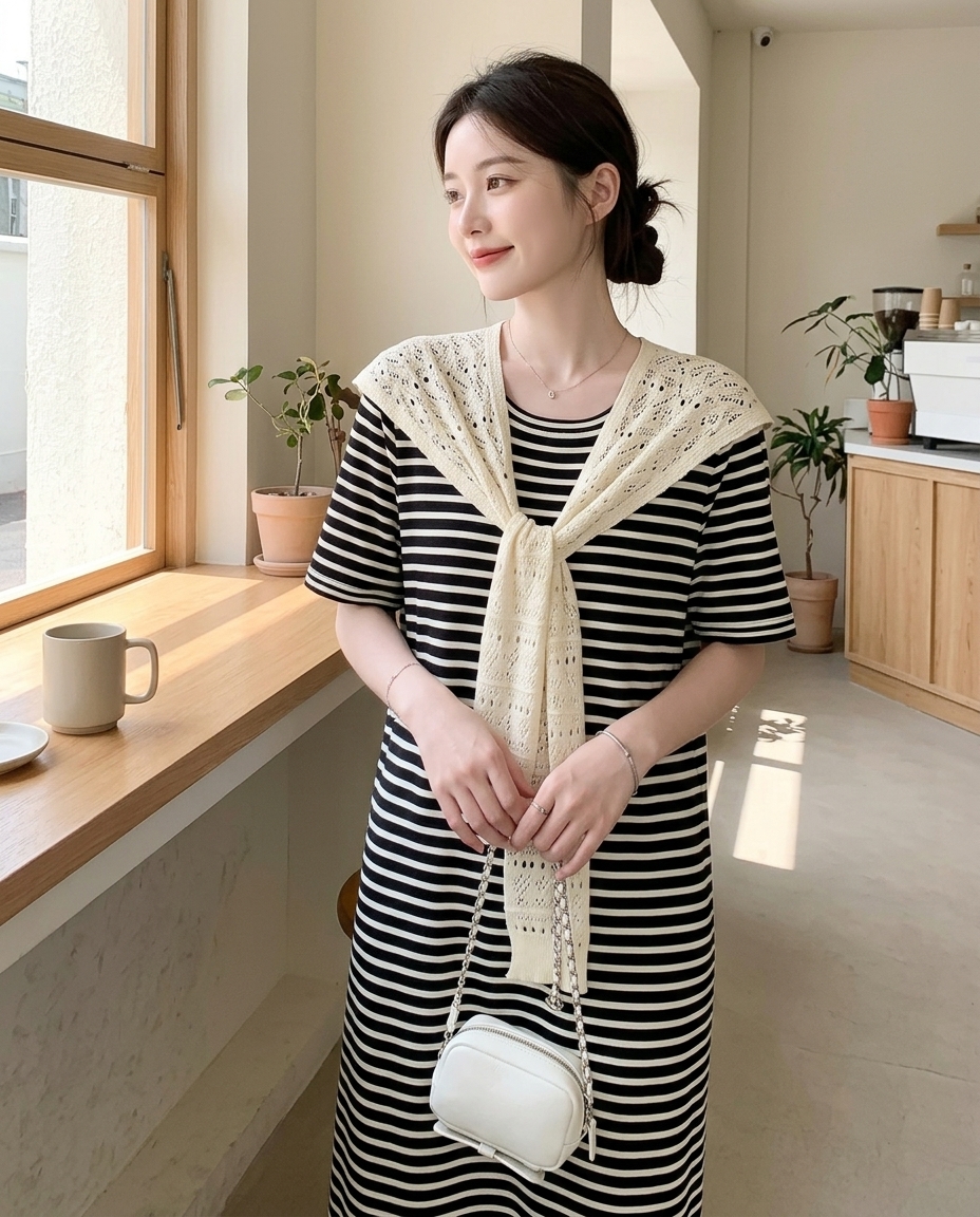 Marine Stripe Shawl Dress Set - 마린 스트라이프 숄 원피스 세트