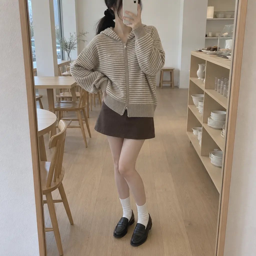 Daily Stripe Knit Hood Zip-up - 데일리 스트라이프 니트 후드집업