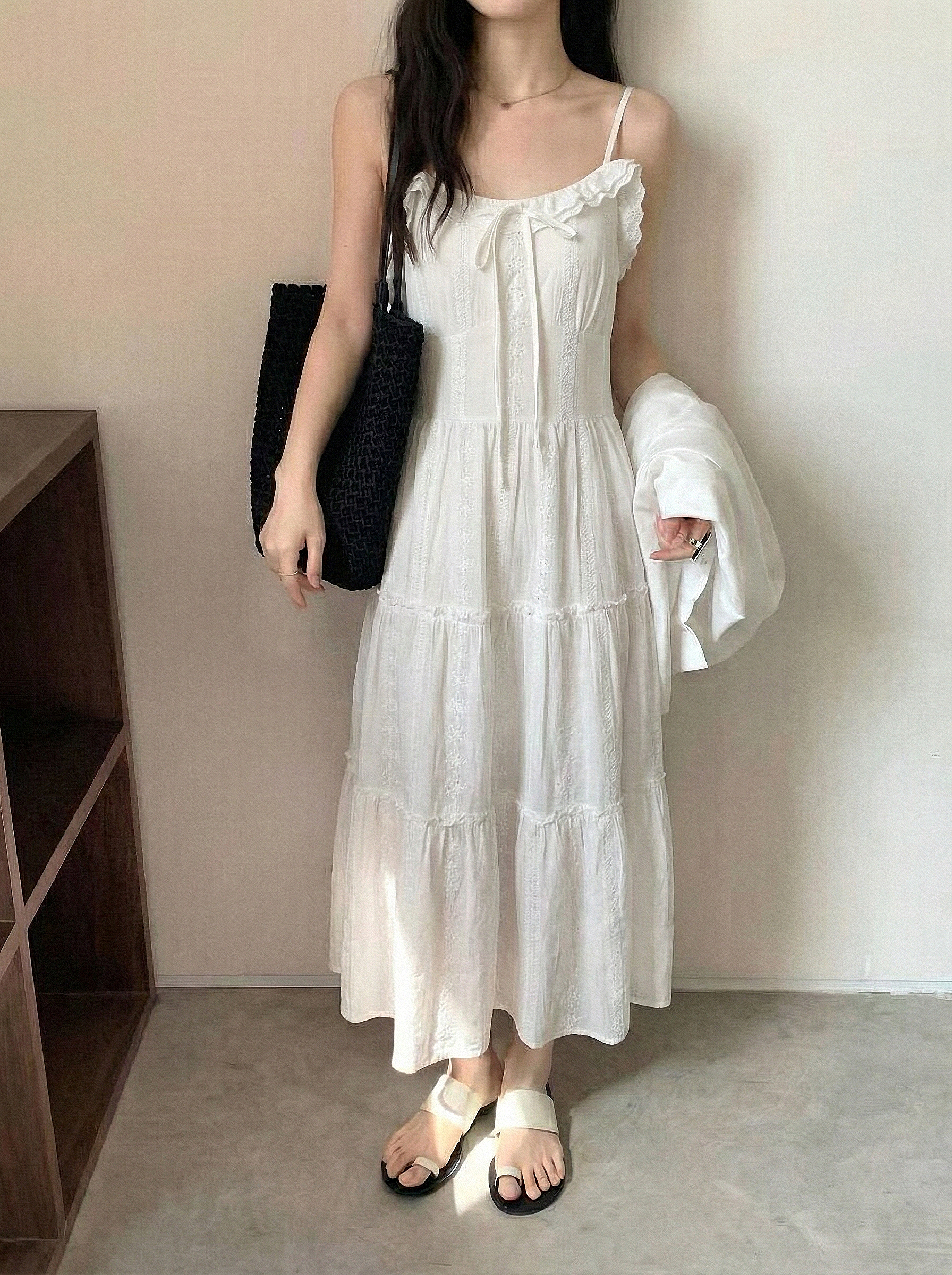 Feminine Bow Eyelet Tiered Dress - 페미닌 보우 아일렛 티어드 원피스