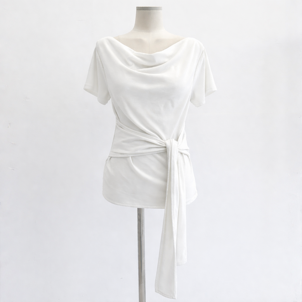 Daily Drape Side Ribbon Tee - 데일리 드레이프 사이드 리본 티