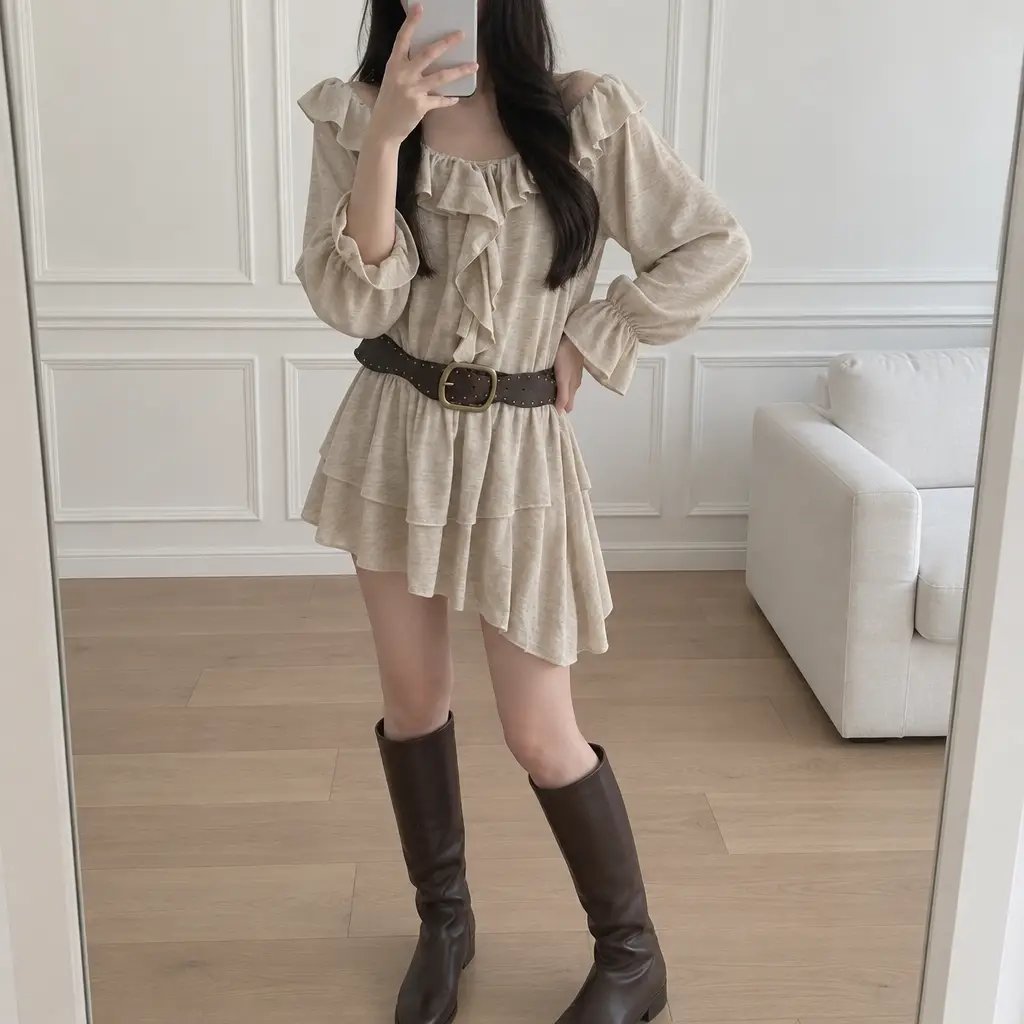 Boho Ruffle Belted Dress - 보헤미안 러플 벨티드 원피스