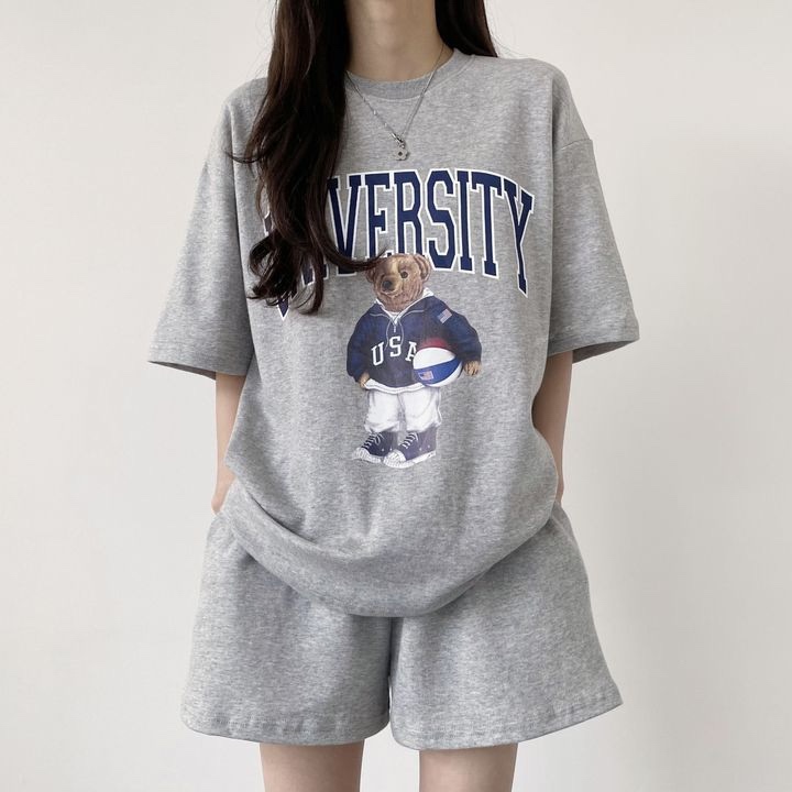 University Teddy Bear Sweat Set - 유니버시티 테디 반팔 트레이닝 세트