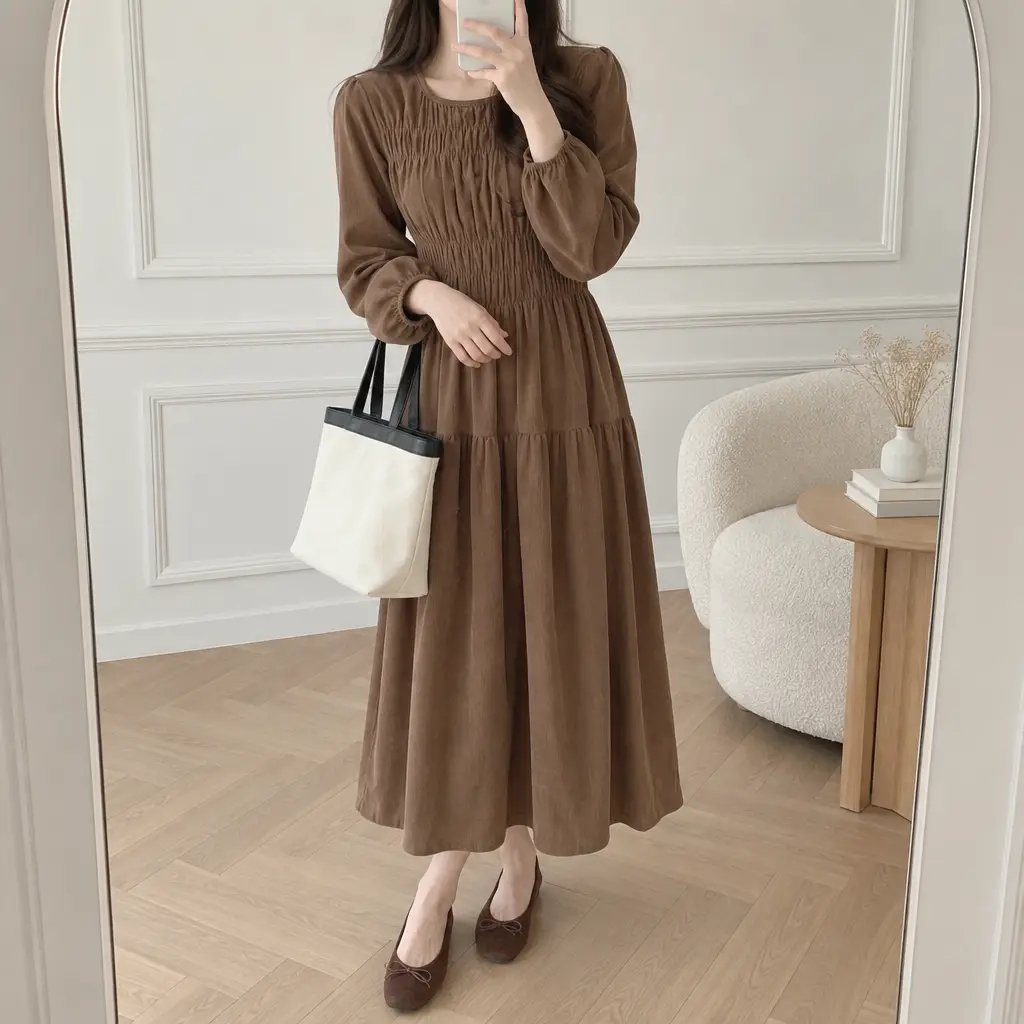 Mocha Shirring Corduroy Dress - 모카 셔링 코듀로이 원피스