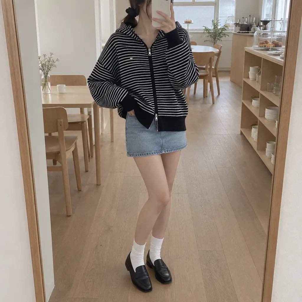Daily Stripe Knit Hood Zip-up - 데일리 스트라이프 니트 후드집업