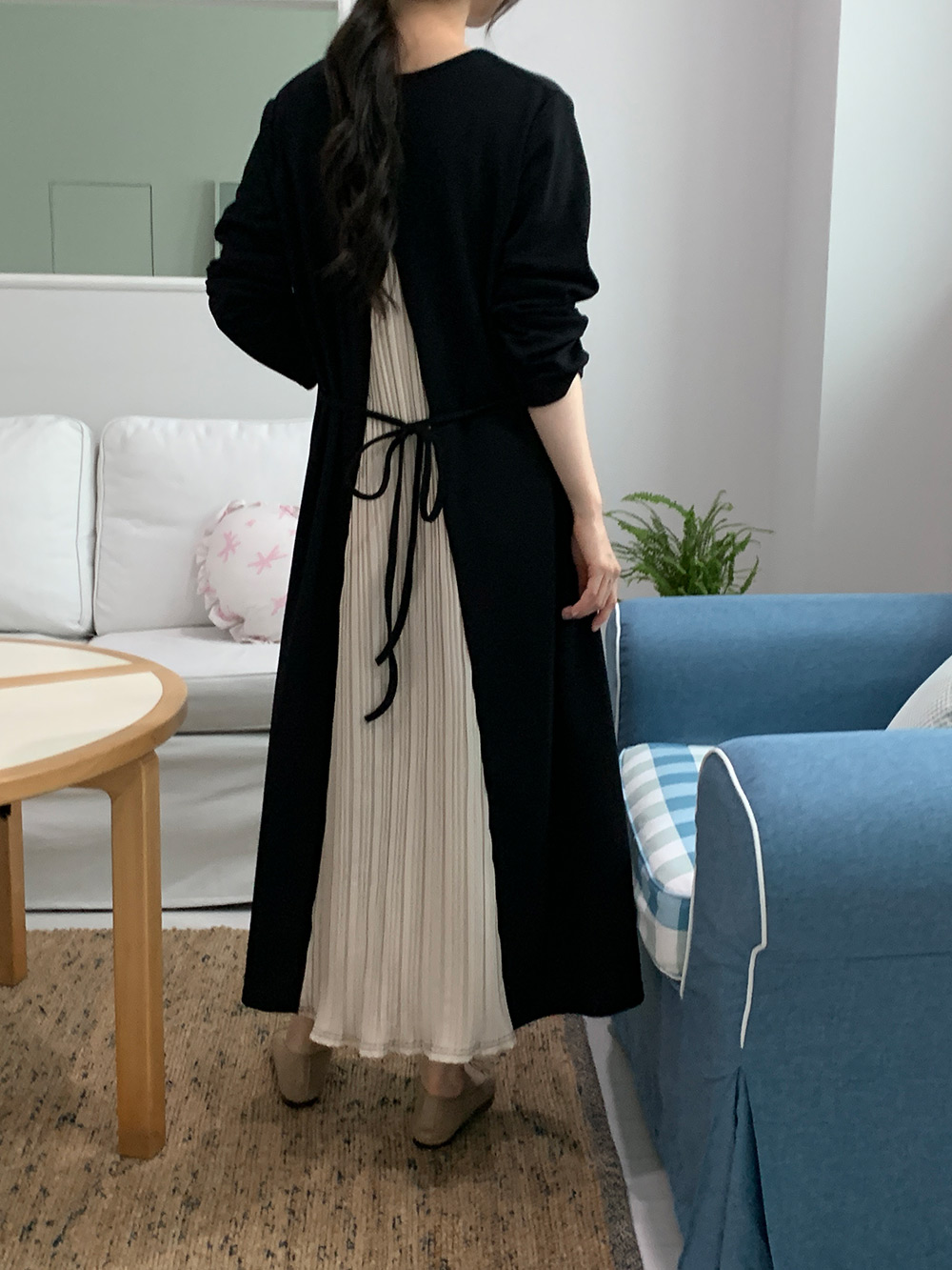 Pleated Back Ribbon Dress - 플리츠 백 리본 원피스