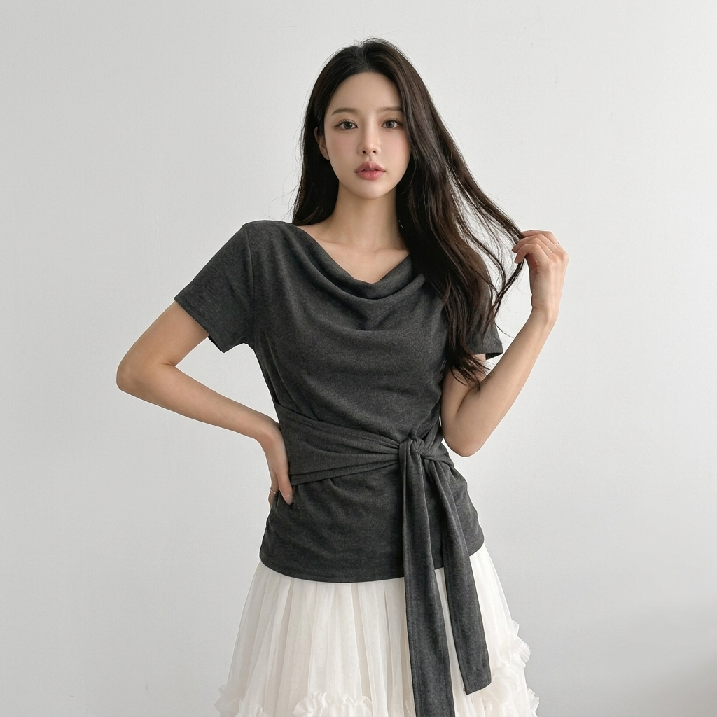 Daily Drape Side Ribbon Tee - 데일리 드레이프 사이드 리본 티
