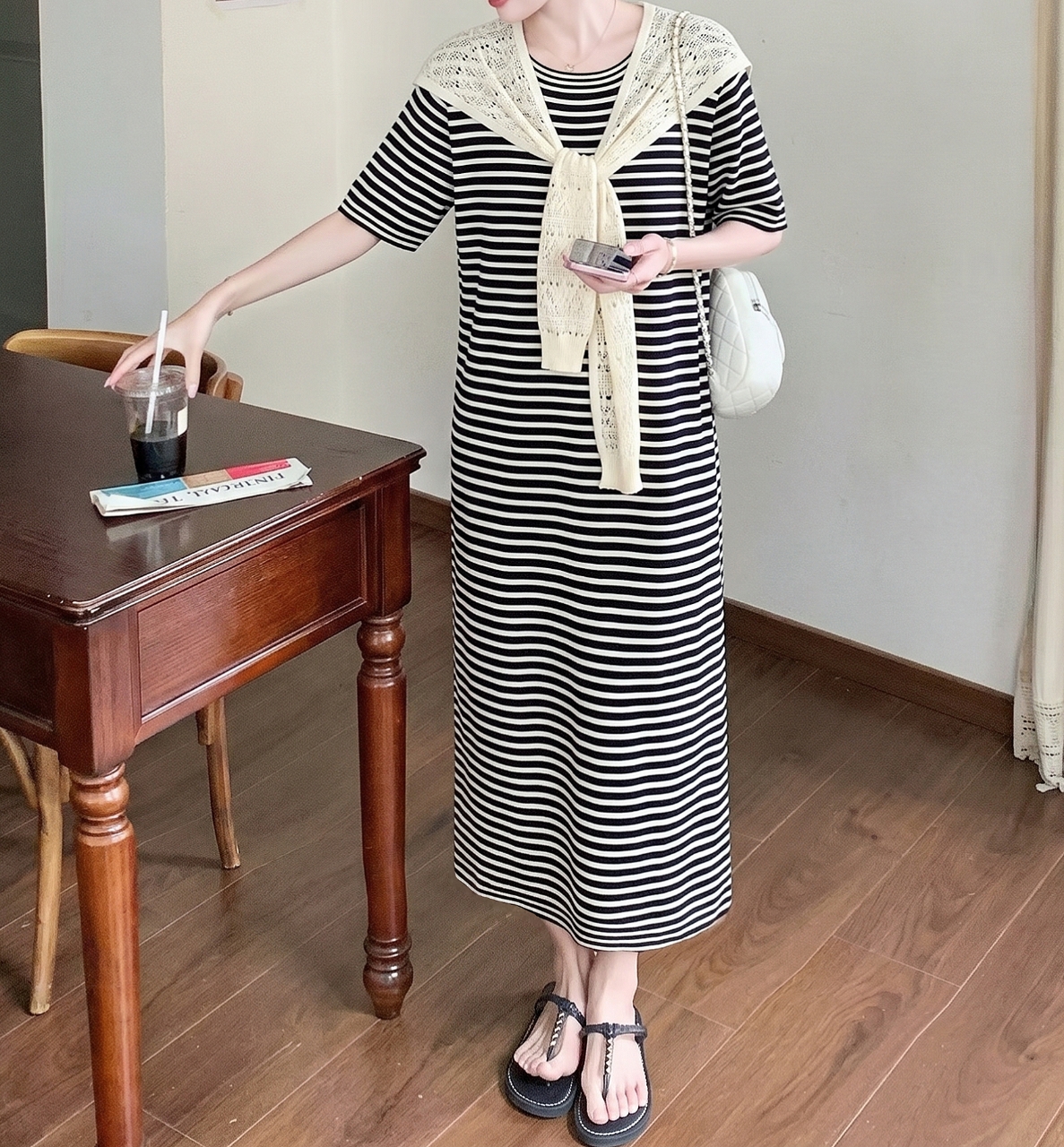 Marine Stripe Shawl Dress Set - 마린 스트라이프 숄 원피스 세트