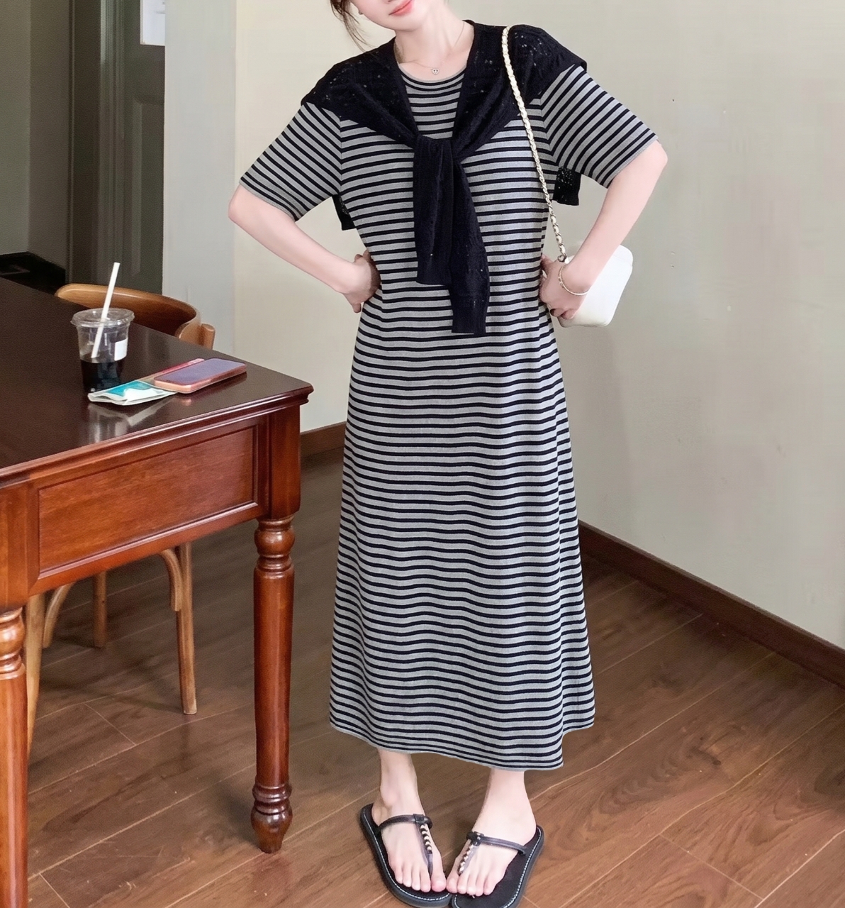 Marine Stripe Shawl Dress Set - 마린 스트라이프 숄 원피스 세트