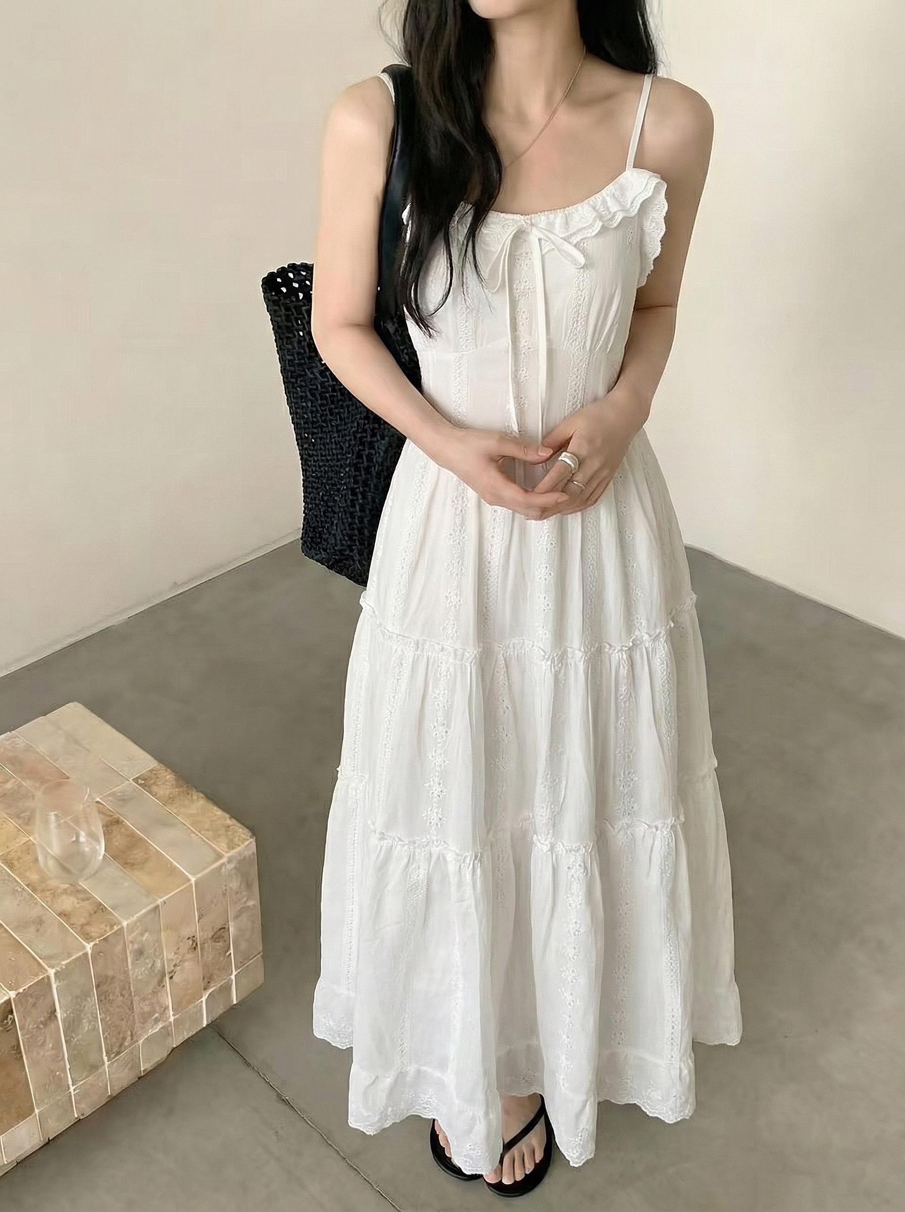 Feminine Bow Eyelet Tiered Dress - 페미닌 보우 아일렛 티어드 원피스