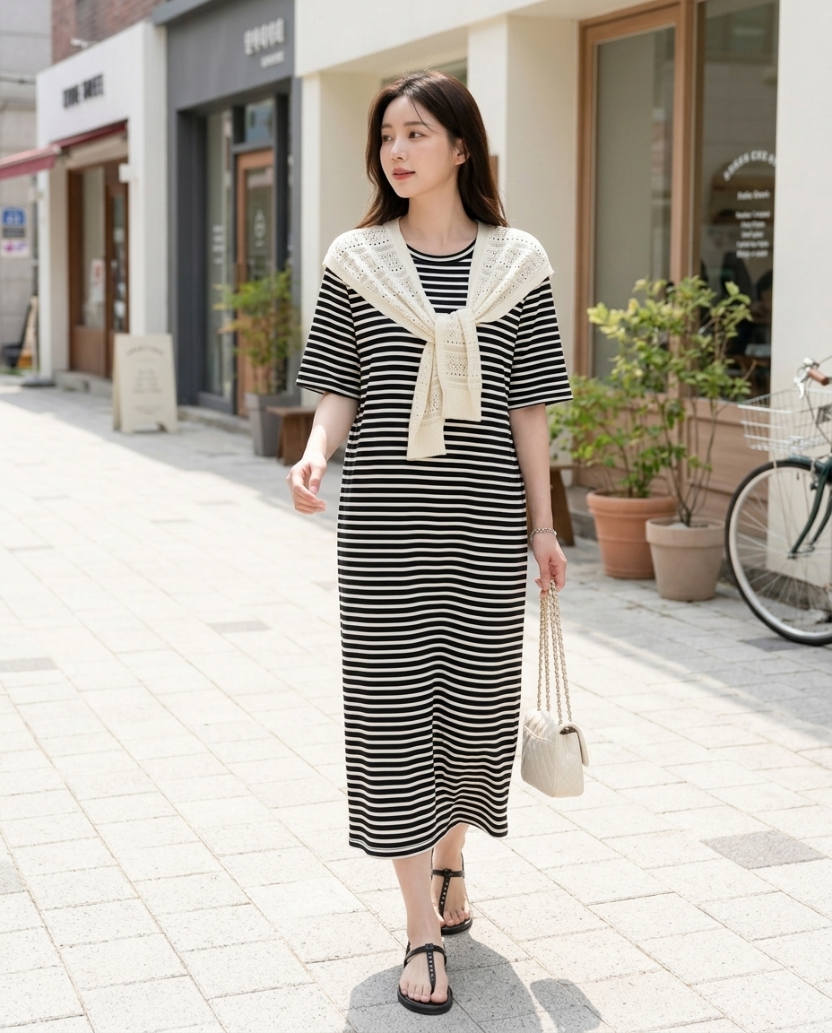 Marine Stripe Shawl Dress Set - 마린 스트라이프 숄 원피스 세트