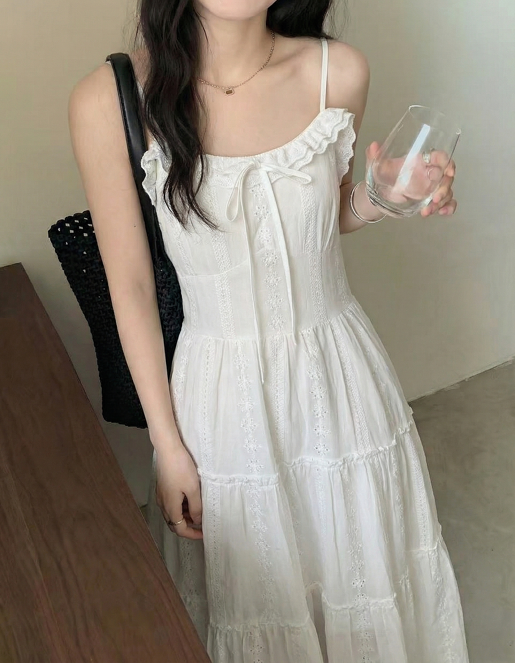 Feminine Bow Eyelet Tiered Dress - 페미닌 보우 아일렛 티어드 원피스