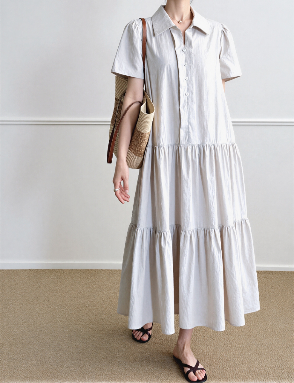 Relax Shirt Tiered Maxi Dress - 릴랙스 셔츠 티어드 맥시 원피스