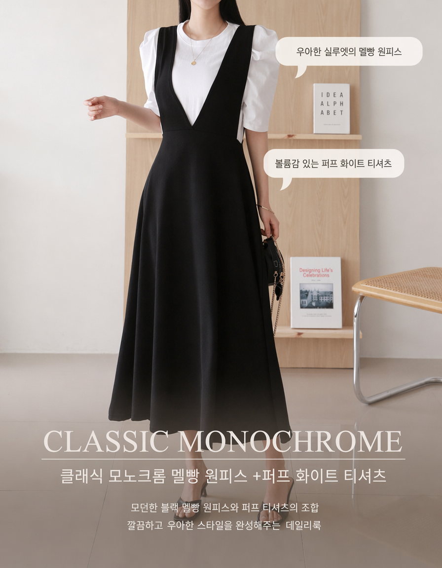 Classic Monochrome - 클래식 모노크롬 멜빵 원피스 +퍼프 화이트 티셔츠