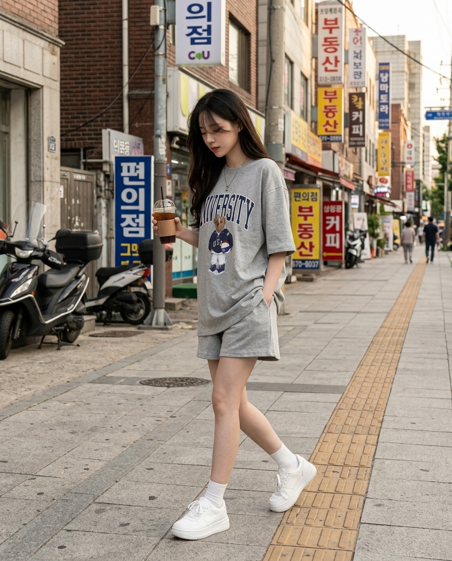 University Teddy Bear Sweat Set - 유니버시티 테디 반팔 트레이닝 세트