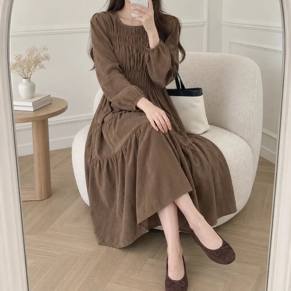 Mocha Shirring Corduroy Dress - 모카 셔링 코듀로이 원피스