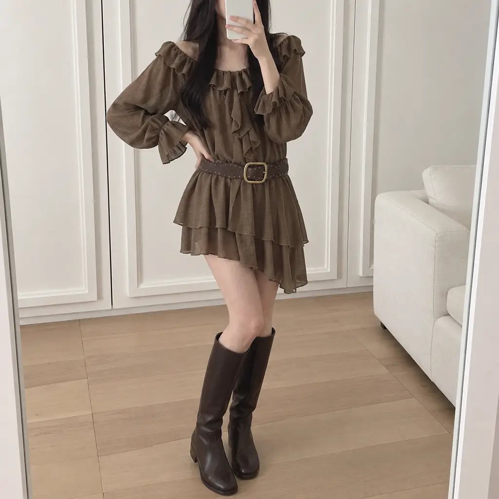Boho Ruffle Belted Dress - 보헤미안 러플 벨티드 원피스