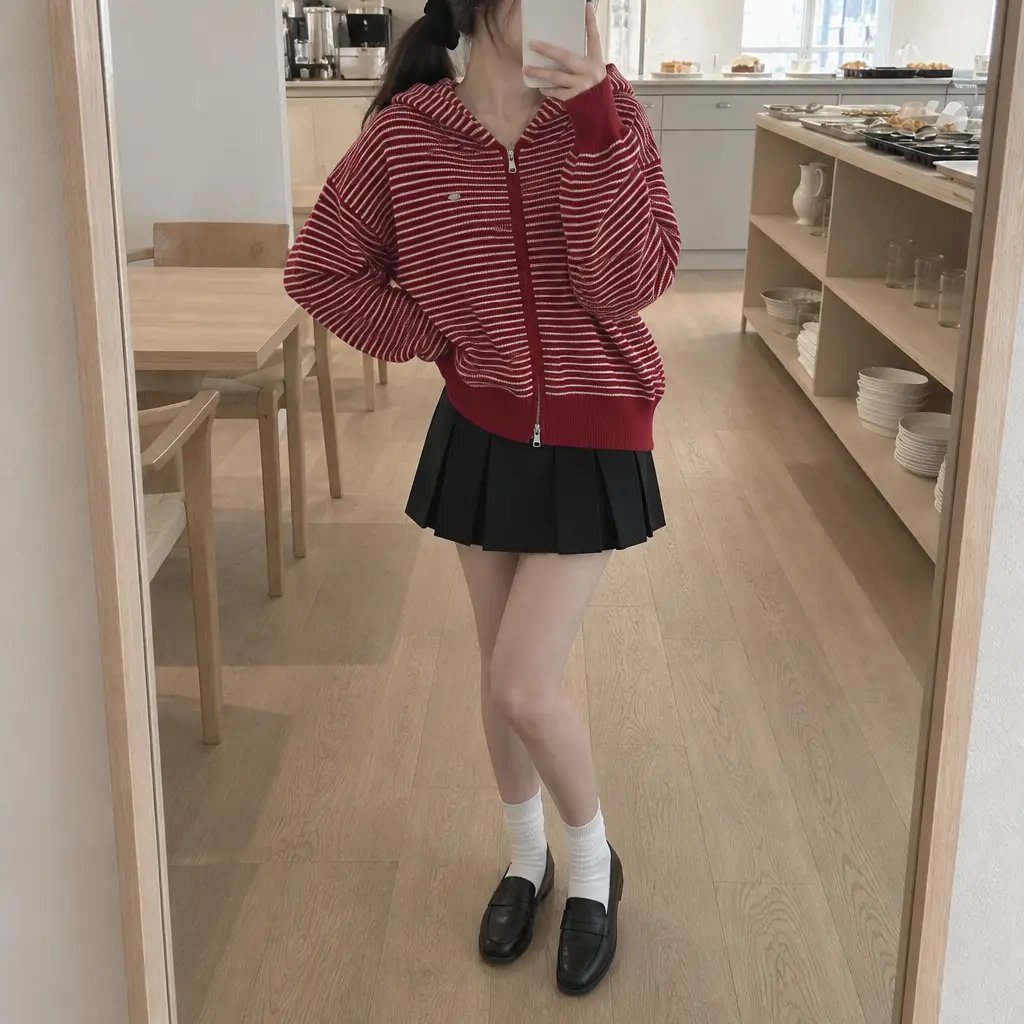 Daily Stripe Knit Hood Zip-up - 데일리 스트라이프 니트 후드집업