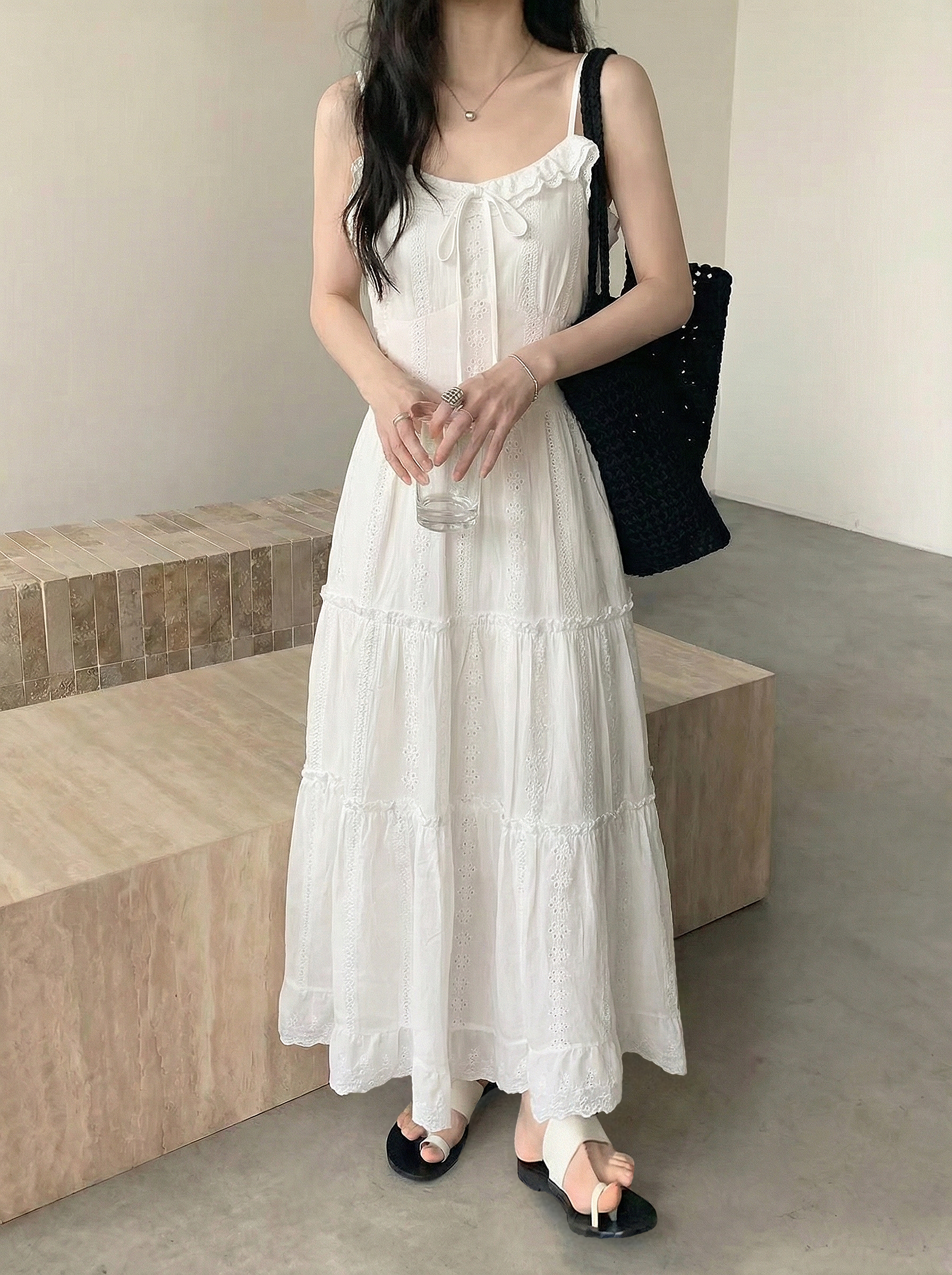 Feminine Bow Eyelet Tiered Dress - 페미닌 보우 아일렛 티어드 원피스